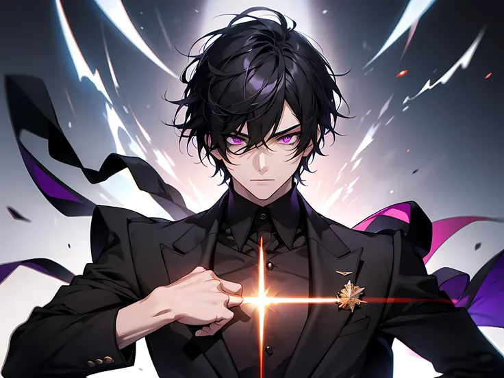 1Man, short black hair, fiery black-purple eyes, wears a black suit, hes a demon lord, howing only upper body (half body:0.6), face to detail, detailed eyes, anime art style, high quality 8K anime wallpaper, RGB lighting
