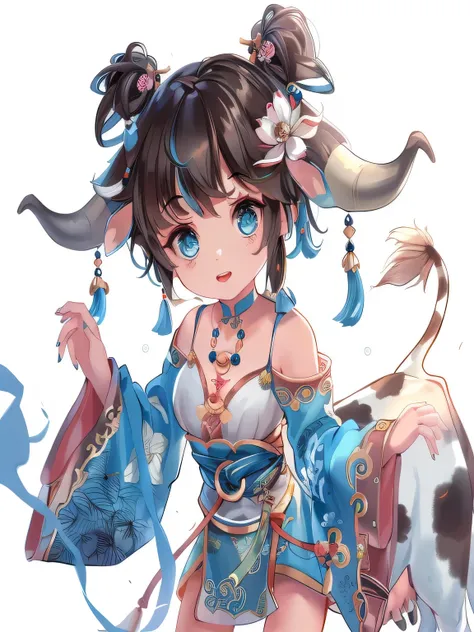 anime girl，wearing blue dress，horned，holding wallet, author：Yang Jie, by Shitao, guys, guweiz on pixiv artstation, Onmyoji detailed art, guweiz on artstation pixiv, Onmyoji, Popular topics on artstation pixiv, 《Genshin》Keqing in, 《Genshin》Zhongli in