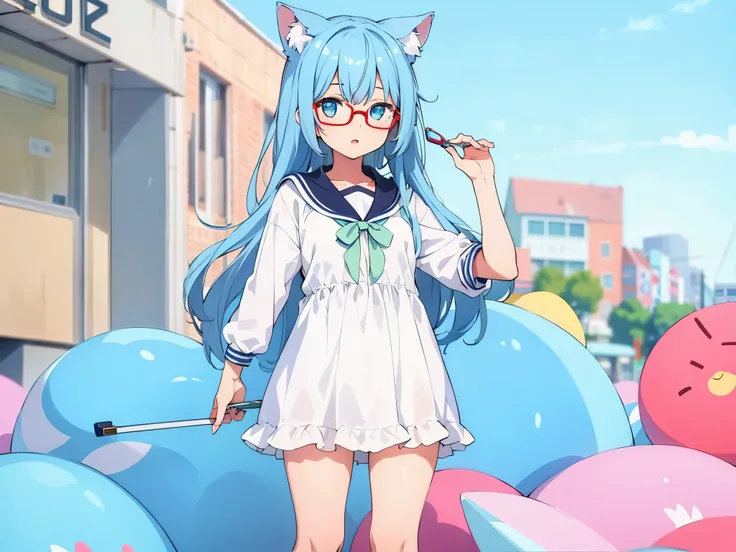  girl hair Blue nekomimi   glasses