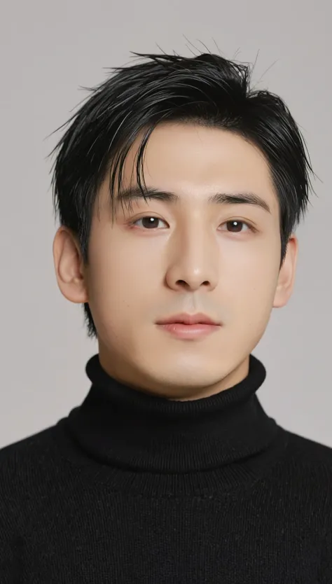 1boy,japanese man,upper body,looking at camera,two-block haircut,a realistic representation of the face,baby-face,drooping eyes,simple background,black turtleneck sweater,black hair,black eyes,natural lighting,small smile,Eyebrows that are not too thick, b...