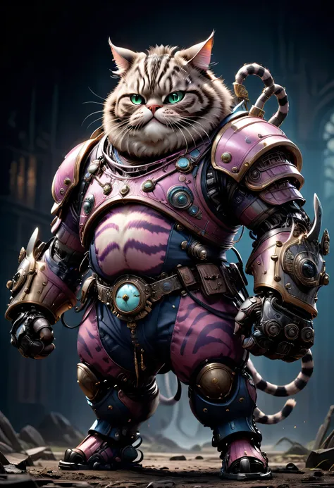 photorealistic portrait of Dressed animals - a ((fat)) Cheshire cat warrior,(brave pose), high quality,(lovely) ,intricate detailed giant mechanical arms, highly detailed ((mechanical armor) ,,highly detailed decorations, , (brave), studio lighting,(full b...