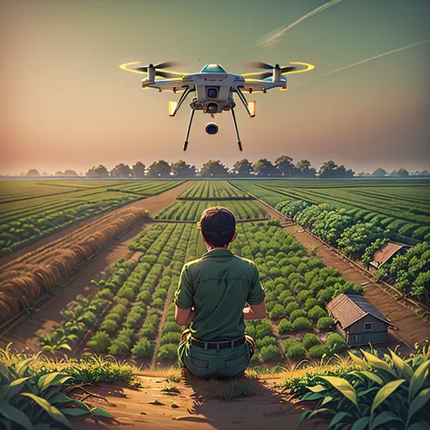 Imagine the scene of a modern farm in full swing, iluminado pelo sol poente. No centro da imagem, um robusto, agricultor experiente, vestido com roupas de trabalho, olha para cima, watching a high-tech drone hovering in the sky. O drone, shining in the sun...