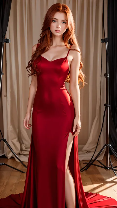 Beautiful redhead girl with brown eyes and long hair in elegant red dress photo shoot in a photo studio with professional light approaching the face masterpiece of the highest quality photo shoot 