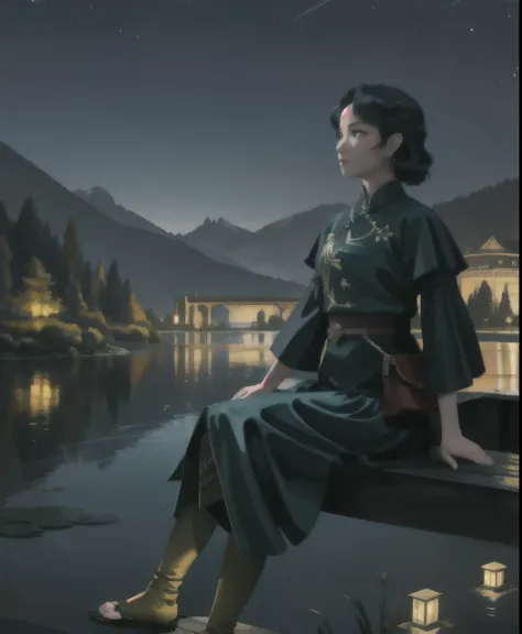 masterpiece,best quality,cinematic,dramatic,dynamic,1girl,landscape,lake,sitting,night,illumination,pond,face