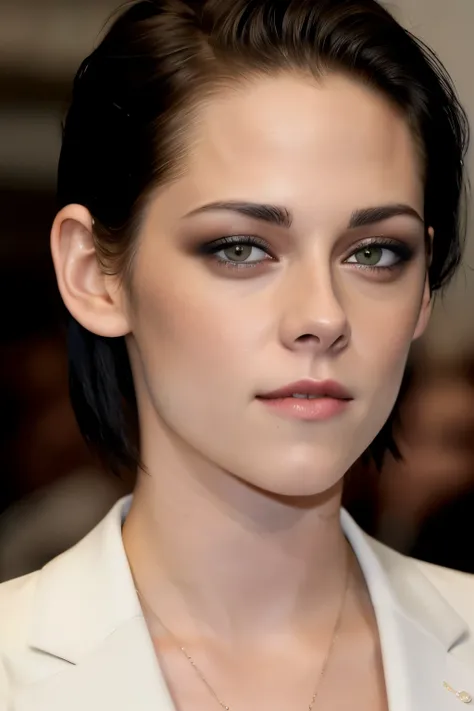 Female models face close-up, resembles Kristen Stewart, Black oily short hair neatly fitted, Turn your face slightly, reveals clean and neat facial features, White skin with a sense of purity, Realistic rendering, Attention to skin texture visible, Reminis...