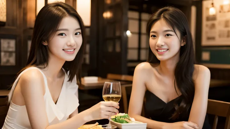 masterpiece, highest quality, Photoreal, Super detailed, finely, High resolution, 8k wallpaper, Professional, Advanced level of detail, Two female college students having dinner at a restaurant, Slender Japan woman, ((facing the front)), detailed clavicle,...