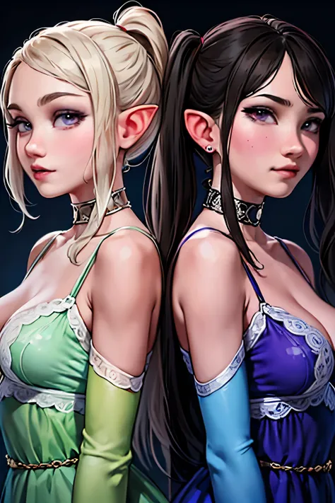 2girls, elf, same hair, identical twins, young adult, long dark brown hair, side ponytail, purple eyes, wearing matching plain green dress, simple silver jewelry, palace, absurdres, high res, ultrasharp, 8K, masterpiece, looking at viewer