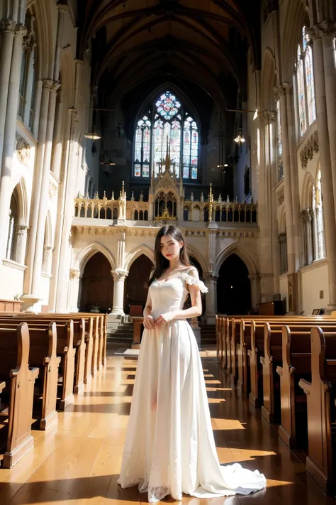 ((best quality)), ((masterpiece)), (detailed), perfect face, arafed woman in a long dress standing in church, korean beauty, Behind her is a gothic cathedral, standing in church, Wearing a gothic dress, in a big cathedral, Gothic and Baroque, Inside an epi...