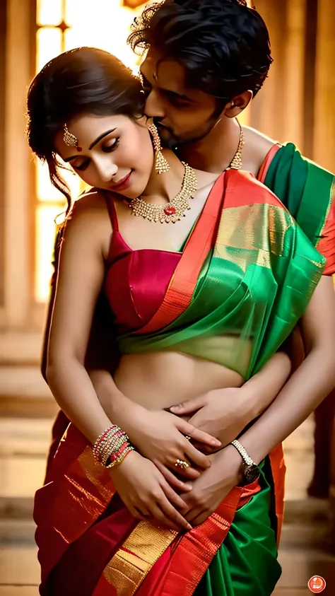 Create a reality photo in which a beautiful woman wearing a red and light green saree is seen sensually wrapped in the arms of a man and looking very sexy like a princess.