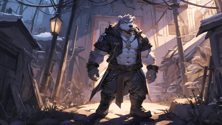 (masterpiece:1.2), best quality,pixiv,official art,perfect anatomy, (Ray tracing, light),solo, (1_male:1.3) , (muscle), (gray fur:1.4), (muscle bear), (beard:1.2), (gleaming golden eyes), Thick eyebrows, (naked:1.3) , weald, ruins , plants , open hoodie, n...