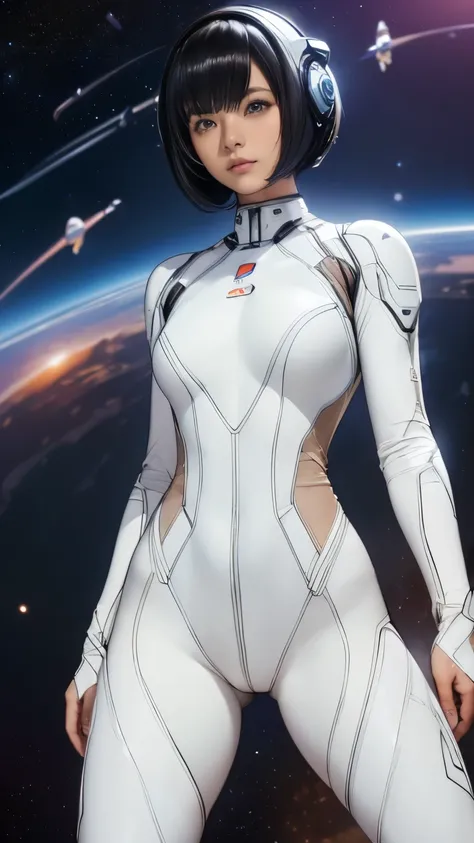 (masterpiece、highest quality、highest resolution、clear_image、Detailed details): (full body figure、15 year old girl、Japanese face、small face、thin、navy blue super short bob cut hair、blue colored eyes、((navy long sleeve space suit、space helmet))、headset、cosmic...