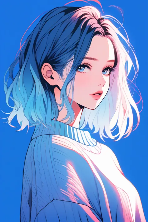 illustrator, anime , realistic ,sketch , 1 girl, ,lip, sweater,order, blue gradient background, neon hair,textured trim, canadia...