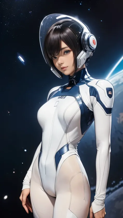 (masterpiece、highest quality、highest resolution、clear_image、Detailed details): (full body figure、15 year old girl、Japanese face、small face、thin、navy blue super short bob cut hair、blue colored eyes、((navy long sleeve space suit、space helmet))、headset、cosmic...