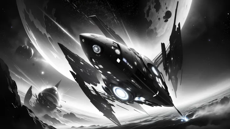 (( charcoal sketch)) ((monochrome)) spherical spaceship and fighter jets are flying and battling in a space with a planet in the background, an epic space battle, simulated space combat, sci-fi space, dramatic space battle, epic space battle, an epic spher...