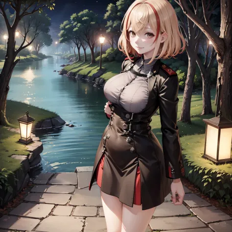 a woman on a walk near a lake, at night, with local lighting, short blonde hair, red bangs, brown eyes, wearing a black cold coa...