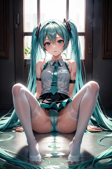 hatsune miku wearing white pantyhose with panties visible underneath. a wet spot is visible on her panties, sitting down, spread legs