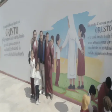 Several people standing in front of a mural of Jesus and children., colchis painting, colegio quito, pintado en una pared gigante, mural, Buen detalle, arte mural, symbolic mural, pintura mural, obra maestra de luz brillante, by Teresa Fasolino, por Franci...