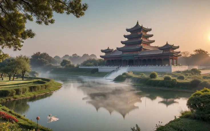 Fairy-filled，Heavenly Palace，Baiyun，Towering Nantianmen，2 egrets flying over，The sun rises，1 large peach tree，1 big palace，hazy feeling，white smoke，Fall，