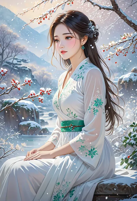 Medium: Ultra-fine painting. Subject: A young woman in a white dress adorned with jade jewelry,sitting gracefully. She is surrounded by an elegant white loong. Emotion: Tranquil. Lighting: Soft,highlighting the snowflakes. Scene: A snowy landscape with del...