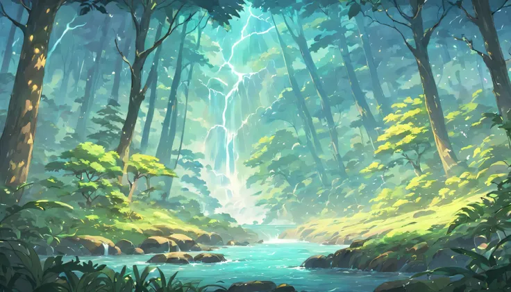 Design an image depicting an intense night storm scene over an ancient rainforest. The sky above is a canvas of chaotic beauty, with lightning bolts illuminating the dense canopy below. Each flash reveals the rich, wet leaves of towering trees and the intr...