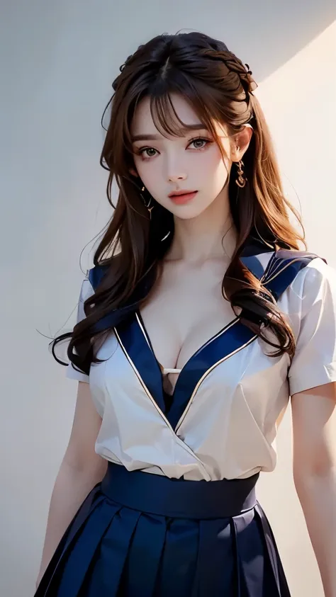 (highest quality, 8K, 32k, masterpiece, nffsw:1.2), (RAW photo), (realistic), (Photoreal:1.2), (High resolution), Super detailedな, very beautiful face and eyes, 1 girl,  round and small face, big breasts thin waist、(((small breasts)))、(((white wall backgro...