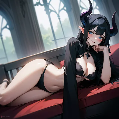 (seductive gothic lady with ample bosom and wearing bikini), black color scheme, black hair, blue eyes, devil horns, seductive gaze, laying on side, naked, big butt, big ass, showing panties