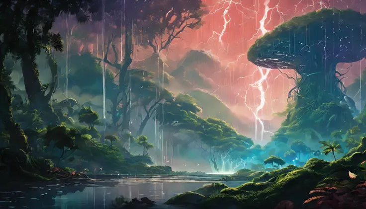 Design an image depicting an intense night storm scene over an ancient rainforest. The sky above is a canvas of chaotic beauty, with lightning bolts illuminating the dense canopy below. Each flash reveals the rich, wet leaves of towering trees and the intr...