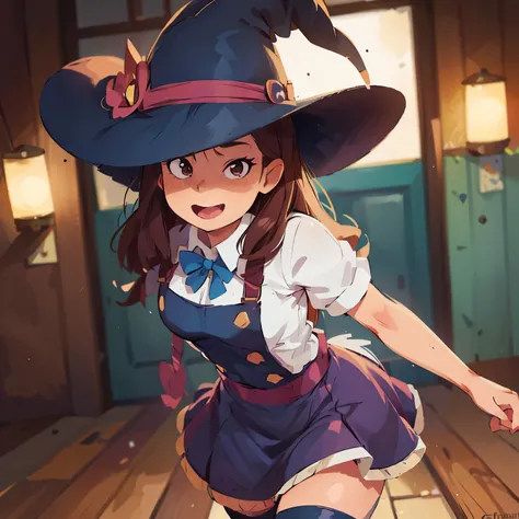 1 chica, akstuko kagari, akko, little witch academia, half body, sonriendo, mirando a lado, calidad perfecta, 4k, fondo blanco, sin sombrero