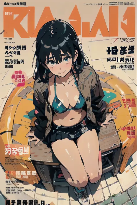 beautiful anime-style girl, ,clean small surfaces,  cyberpunk, bikini-armor、 (magazine cover:1.8)、((From above:1.2))、(sit)、(dynamic pose:1.1), Cute 1 girl, highest quality、ウルトラ - High resolution、High resolution、Highly detailed CG、8k unit wallpaper、17 years...