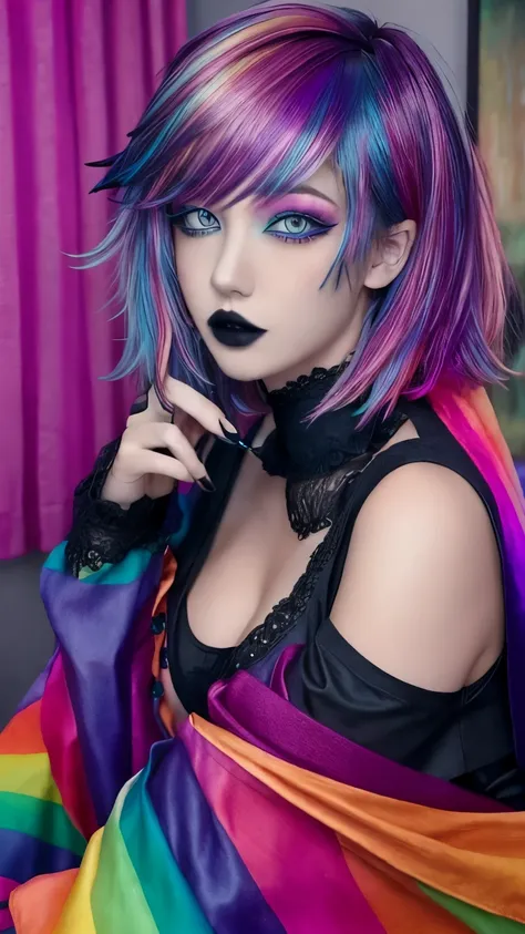 1girl, solo, goth ,short messy hair with long sides, short hair, eyeshadow, mascara, color: spectrum, vivid colors, rainbow hair...