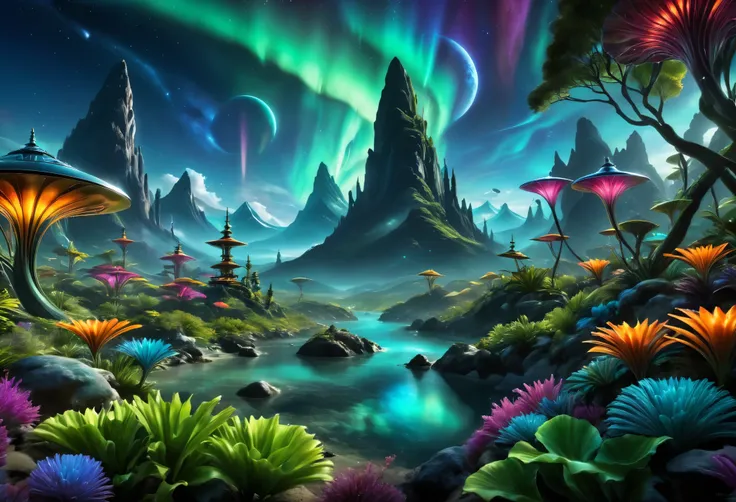 alien landscape:1.5, (Best quality, master of peace: 1.3), (hyper-detailed, hyper-realistic color: 1.5), A cosmic garden of exotic flora and surreal mountains.... At night northern lights, the landscape is illuminated by bioluminescence..., perfect composi...