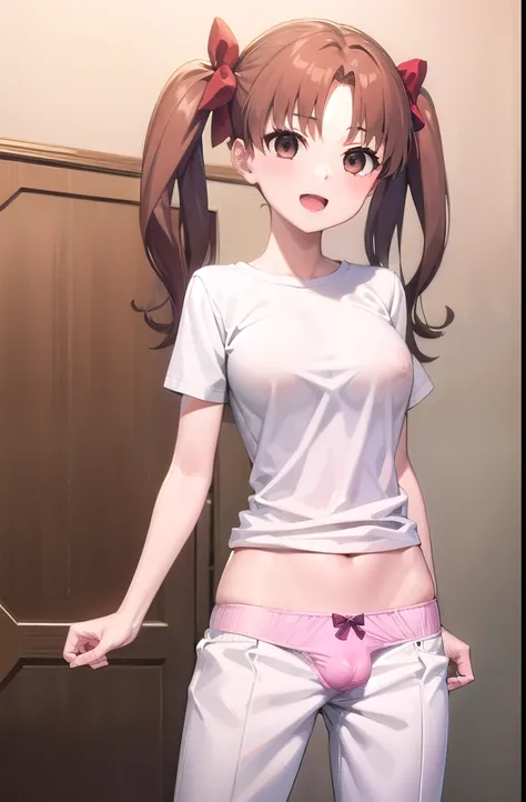 1girl, solo, long hair, breasts, looking at viewer, blush, smile, open mouth, brown hair, shirt, bow, twintails, brown eyes, underwear, , panties, white shirt, hair bow, horse pants, indoors, erection, bulge, futanari:1.3, erection under clothes:1.3, tokiw...