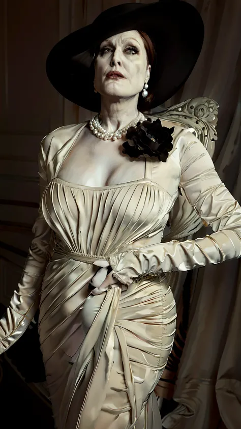 best quality, Julianne Moore, masterpiece,
(1mom, big-vampire-mommy, Alcina-Dimitrescu:1.05), 1girl, solo, breasts, large breasts, black_hair, gloves, hat,  sun_hat, dress, white dress, long dress, cleavage, jewelry, earrings, tall female, mature female, p...