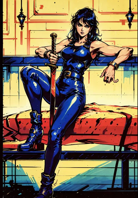 A beautiful woman with long shiny black hair, choppy bangs, a delicate face, a cold proud gaze, a fit figure, a fantasy-style high-necked leather breastplate top, sleeveless, exposes her waist, a bracelet adorns her wrist, tight-fitting leather pants, her ...