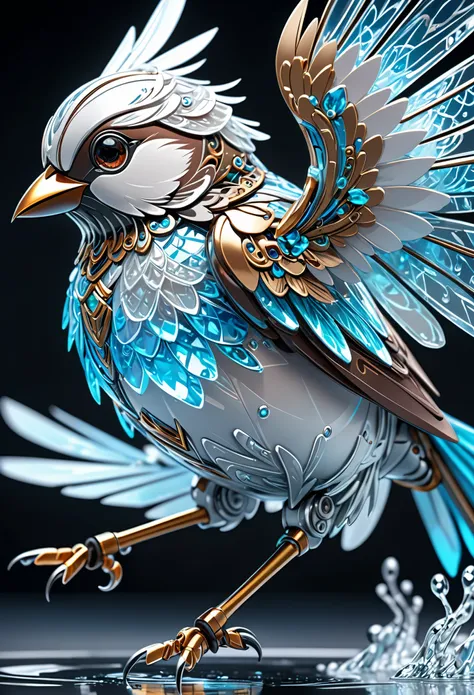 Envision a palm-sized robotic sparrow mascot designed for companionship,(intricate details),hdr,(intricate details, hyperdetailed:1.2),ice, water, ice and water, 
fluorescence transparent metal armor.bright light, clay material, precision mechanical parts....