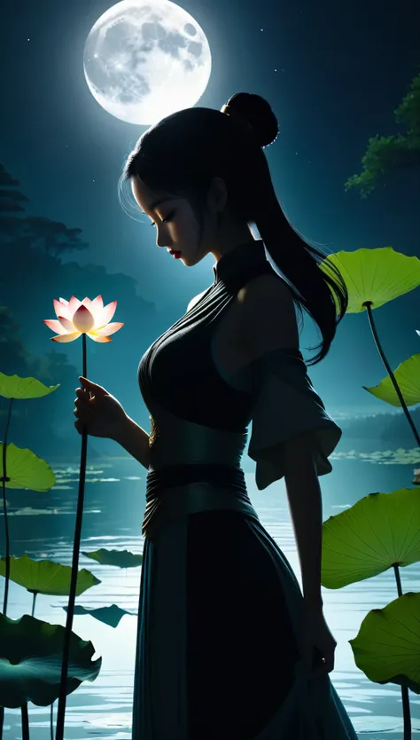 (Heroine silhouette:1.5),Strong dynamics,on  the lake，hight contrast, movie lighting, Enigmatic Atmosphere,，lotus flower，Lotus leaf，a moon