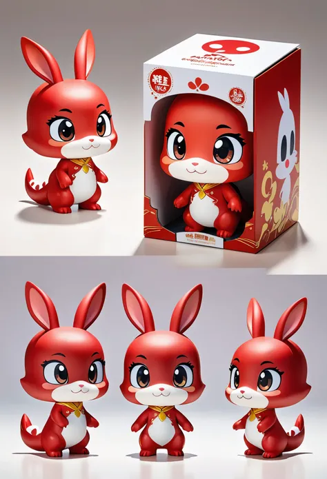 (masterpiece, top quality, best quality, official art, beautiful and aesthetic:1.2),Cute, Blind box,Best quality,solo, Combination of Rabbit and Dragon, Pixar, Blind box, best quality,super cute,chibi, Cartoon IP, light and shadow,white background, red Ski...