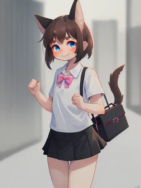 Solo,  outfit, femboy, brown hair, light blue eyes, wear short school shirt, wear black short skirt, smile softly, grabbing black bag, look at camera, very shy, blushes, tail, standing, school background, daytime, low view, high details, wear pink panties,...