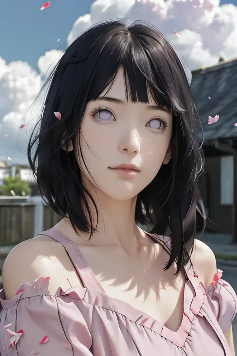 masterpiece, absurdres, hinata(boruto), 1girl, solo,mature female, mini dress of shoulder,  outdoors, looking at viewer, (falling petals), cloudy sky, perfect composition, detailed lips, big breast, beautiful face, body propotion, blush, (pink lips), long ...