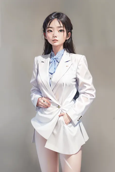 a close up of a woman in a white suit and a blue shirt, li zhien, li zhien, wearing white suit, cui xianhua, tsai chongxin style...