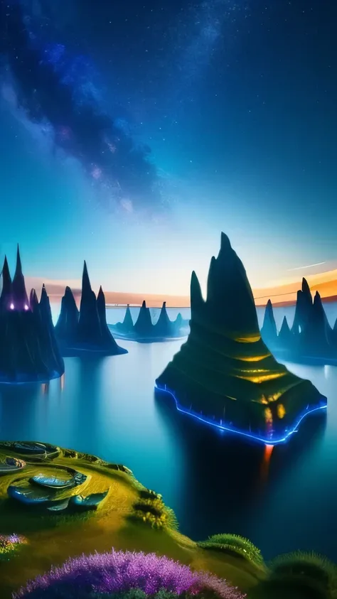 In a realm defying the bounds of reality, an alien landscape unfolds with ethereal allure. Surreal rock formations, twisted and contorted, tower above crystalline lakes that shimmer under a nebulous, multi-colored sky. An intricate network of bioluminescen...