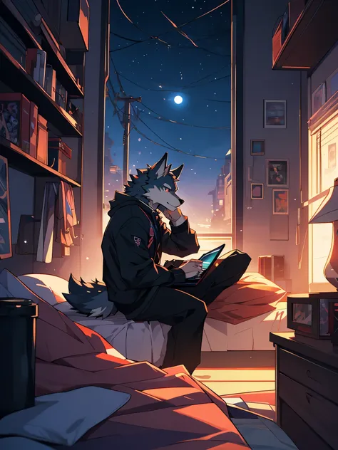 there is a Wolf man sitting on a bed with a laptop, pov furry art, furry art, furry art!!!, very very beautiful furry art, commission for high res, furry digital art, late morning, calm night. digital illustration, full res, early morning mood, late at nig...