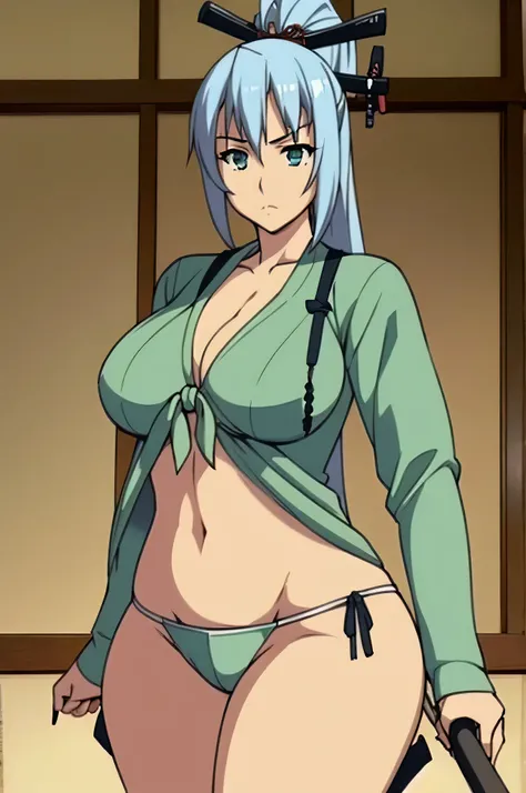 Tall beautiful girl with light blue hair wears a green shirt tied with ribbon. She has very large breasts and is most often seen in her revealing underwear that shows her buttocks using a samurai-edged cane. 