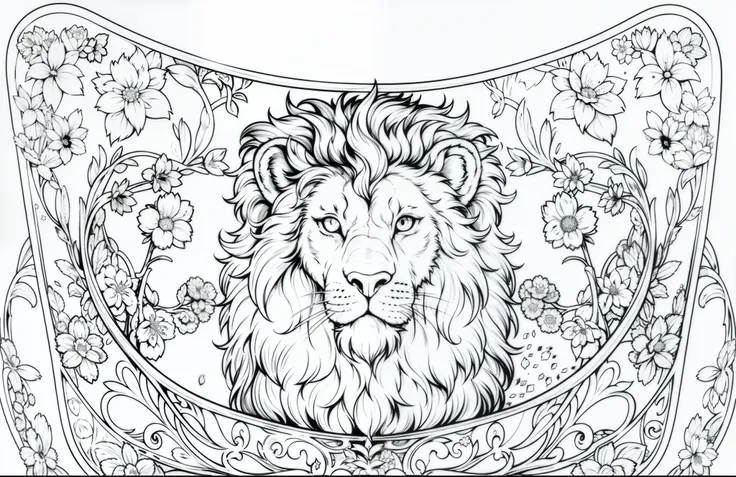 (Monochrome, Adult Colouring Pages, Vectorized) Lion on oval bag vector design, minimalist line drawing: :3, patterned design on the edges, a huge lion on the front, minimalist line drawing of the head, circle, periphery, rounded, vines, lion, head, blosso...