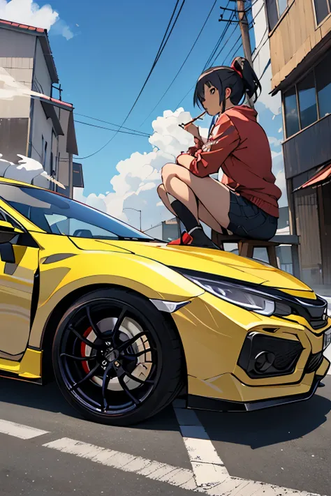 Wallpaper of an civic type-r ek9 with an anime-girl sitting on it smoking