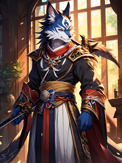 Posted by e621, (Through Chun Ni), male, werewolf, alone, (Realistic eye details 1.2), , Anime characters with swords and dragons in front of the painting, Onmyoji detailed art, 2. 5 d cgi Anime Fantasy Artwork, Anime Fantasy Illustration, Anime Fantasy Ar...