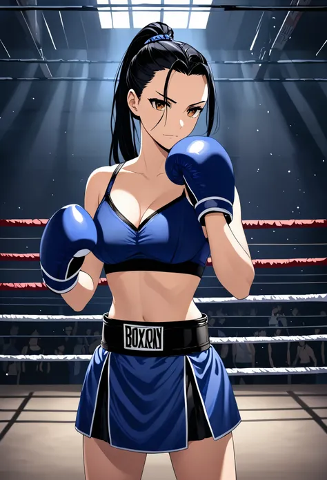 high quality, Evil Girl, long black hair pulled back into a ponytail, Brown eyes, arrogant smile, in a dark blue low-cut bra, in a black gladiator boxing skirt with dark blue seams, in dark blue boxing gloves, standing alone in a dark boxing ring in an emp...