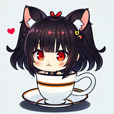 1girl, chibi, orejas de gato, beso, yuri, coffee mug, symmetrical pose, cola, frotar la cabeza, en taza, Speak heart, ojos rojos