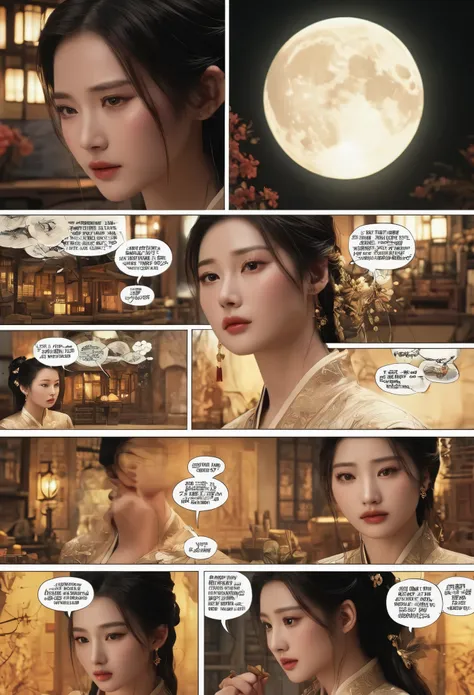 comic storyboard:1.8, cry,comic strip_layout,chinese woman，the beautiful，costume dress，full moon, 32k ，hyper hd, ， anatomy corre...