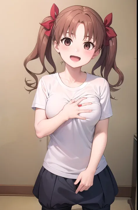 1girl, solo, long hair, breasts, looking at viewer, blush, smile, open mouth, brown hair, shirt, bow, twintails, brown eyes, white t-shirt, hair bow, bloomers:1.6, indoors, erection:1.3, bulge, futanari:1.4, erection under clothes:1.5,shirai kuroko,big bre...